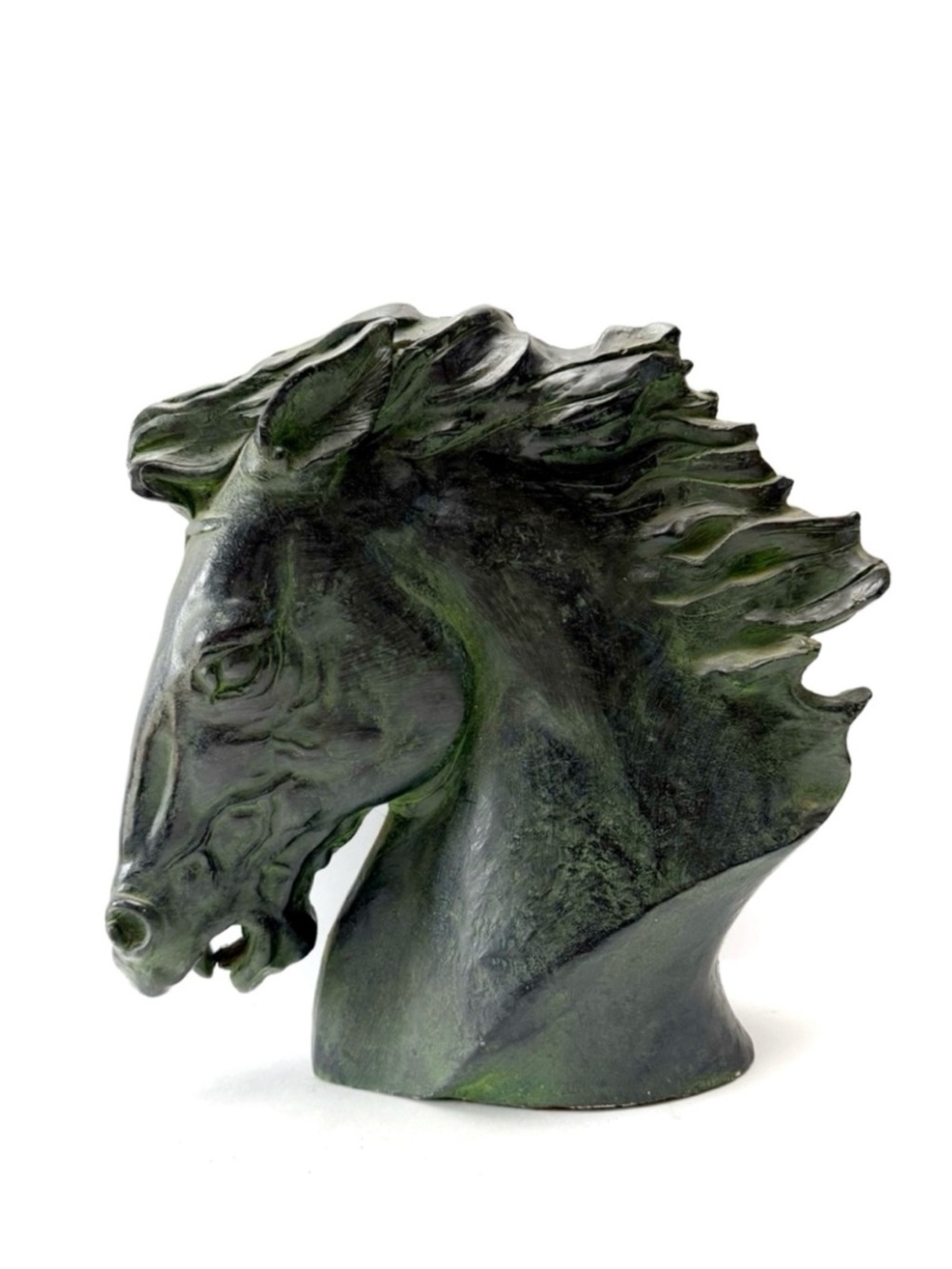 Vintage James Spratt Flaming Mane Horse Head Sculpture Verdigris Faux Bronze